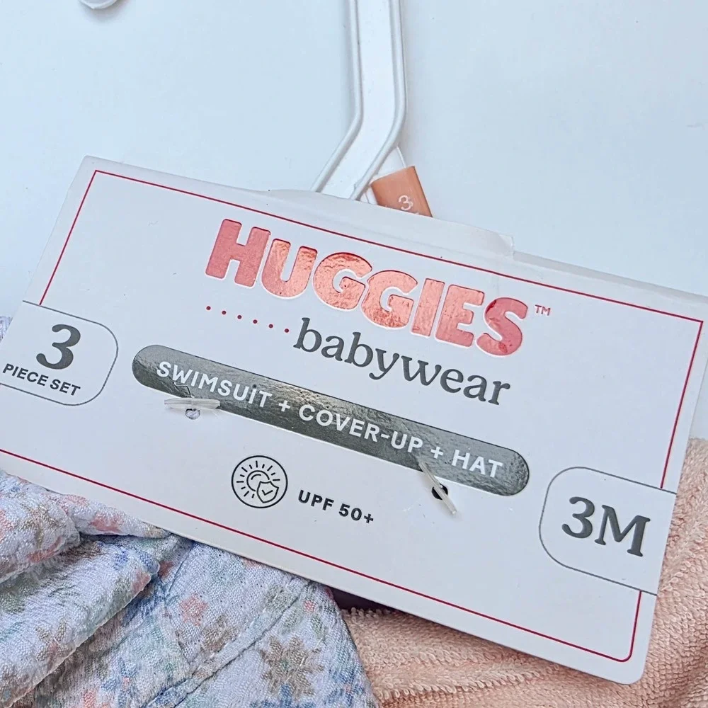 NWT‎ Huggies Baby Girl 3M Floral Swimsuit Cover Up Sun Hat 3Pc Set UPF 50+